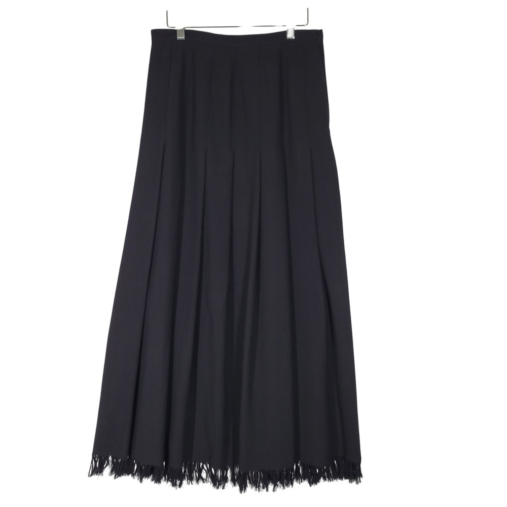Dana Buchman Black 100%‎ Wool Pleated Maxi Midi Skirt with Fringed Hem Size 10